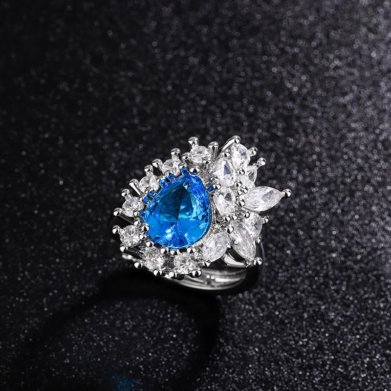 Luxurious Super Flash 925 Silver Irregular Sapphire Oval Ring Women's Opening Adjustable Valentine's Day Gift Jewelry