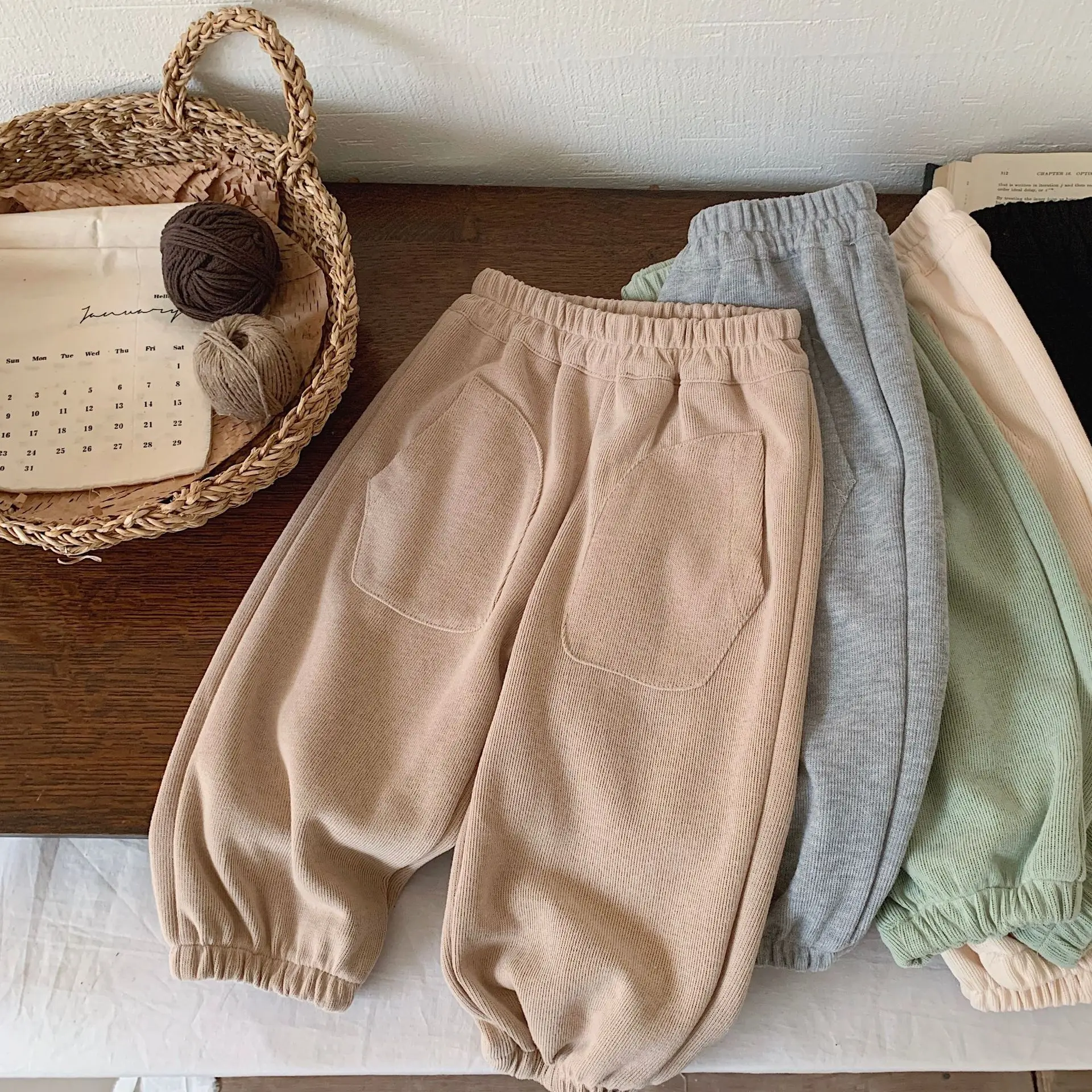 Children Sweatpants 2024 Autumn Boy Rice Wool Brushed Casual Pants Children Korean Style Fashion Soft Solid Color Pants