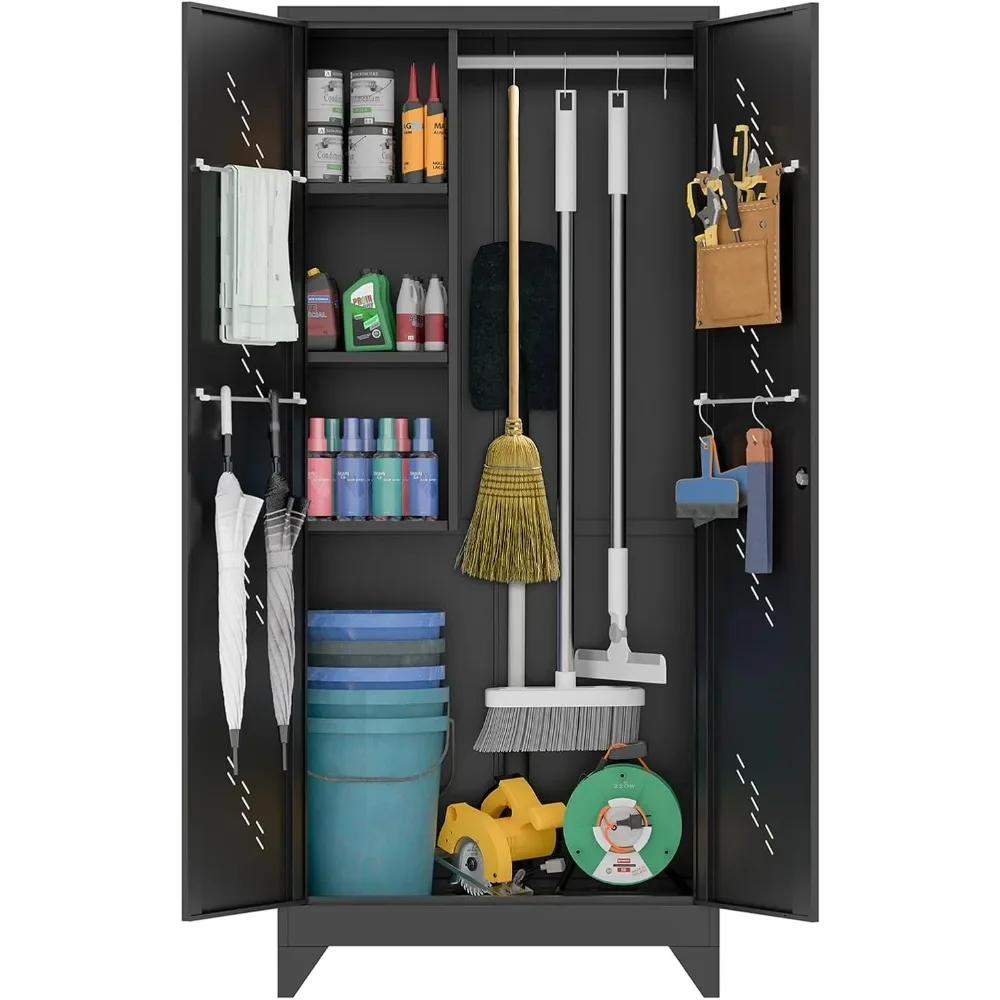Heavy-Duty Tool Organization Cabinet with Hang，Metal Storage Cabinet with Lockable Doors, Functional Garage Storage Cabinets