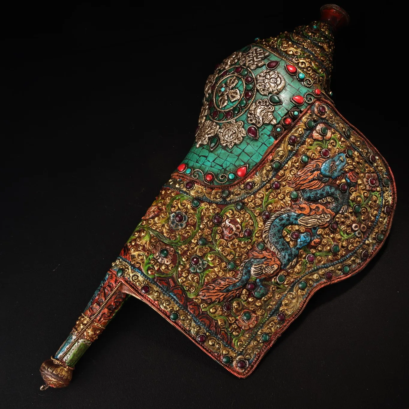 

17"Tibetan Temple Collection Old Bronze Outline in gold Mosaic Gem Turquoise Dragon Texture Eight Treasures Buddha Conch Amulet