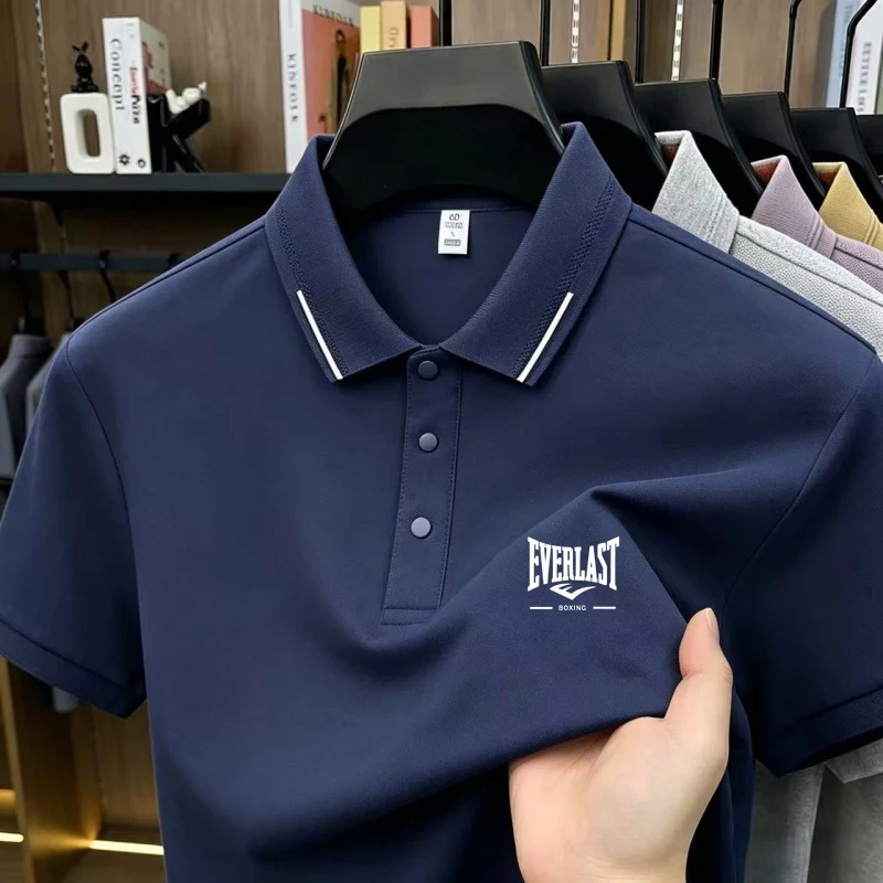 

The men's cool summer T-shirt features collar buttons and is made of pure cotton. There is a printed pattern on the front.