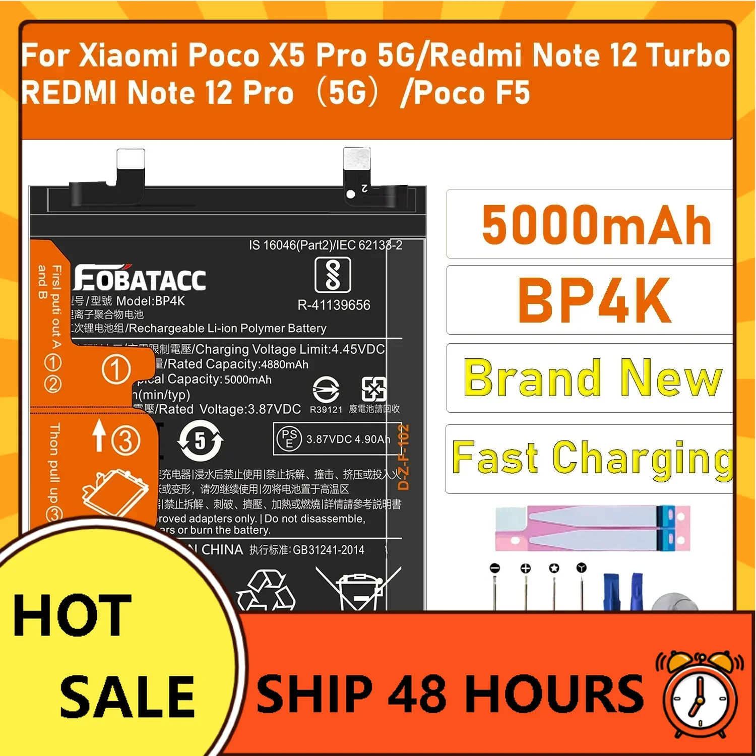 100% New Original Battery BP4K For Xiaomi Poco X5 Pro 5G/REDMI Note 12 Pro（5G）/Poco F5 /Redmi Note 12 Turbo Battery +Tools