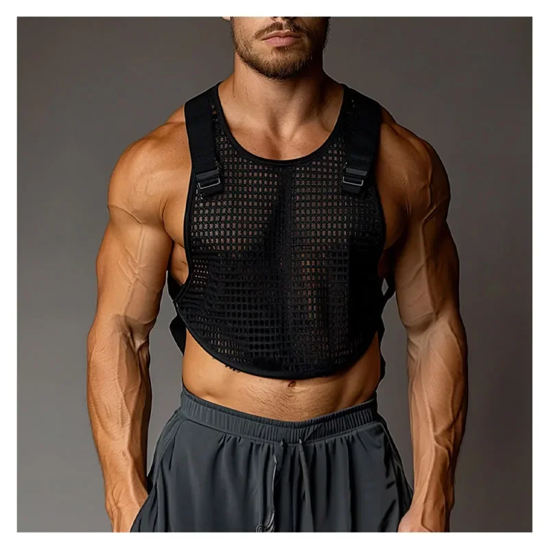 Men\'s Tank Top Outdoor Sports Black Cutout Vest Top Men\'s Sheer Mesh Fitness Sleeveless Vest Men Summer Mesh Vest Men\'s Clothing