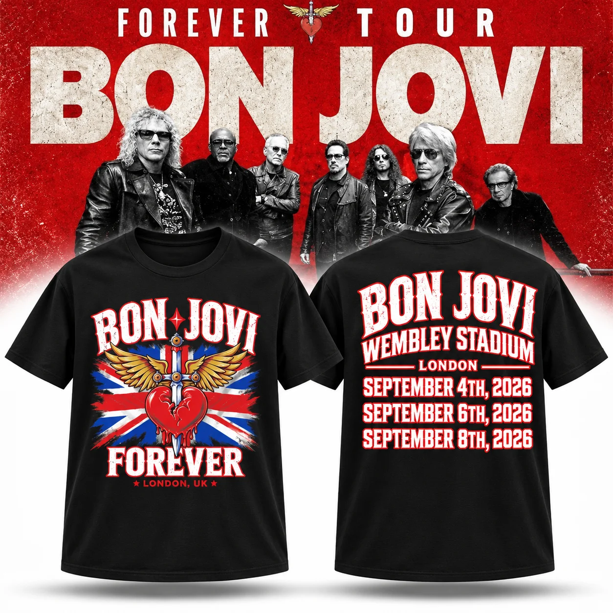 Bon Jovi Forever Tour 2026 Wembley Stadium London Double Sided Graphic T Shirt Unisex Cotton Short Sleeve Rock Band Concert Tee