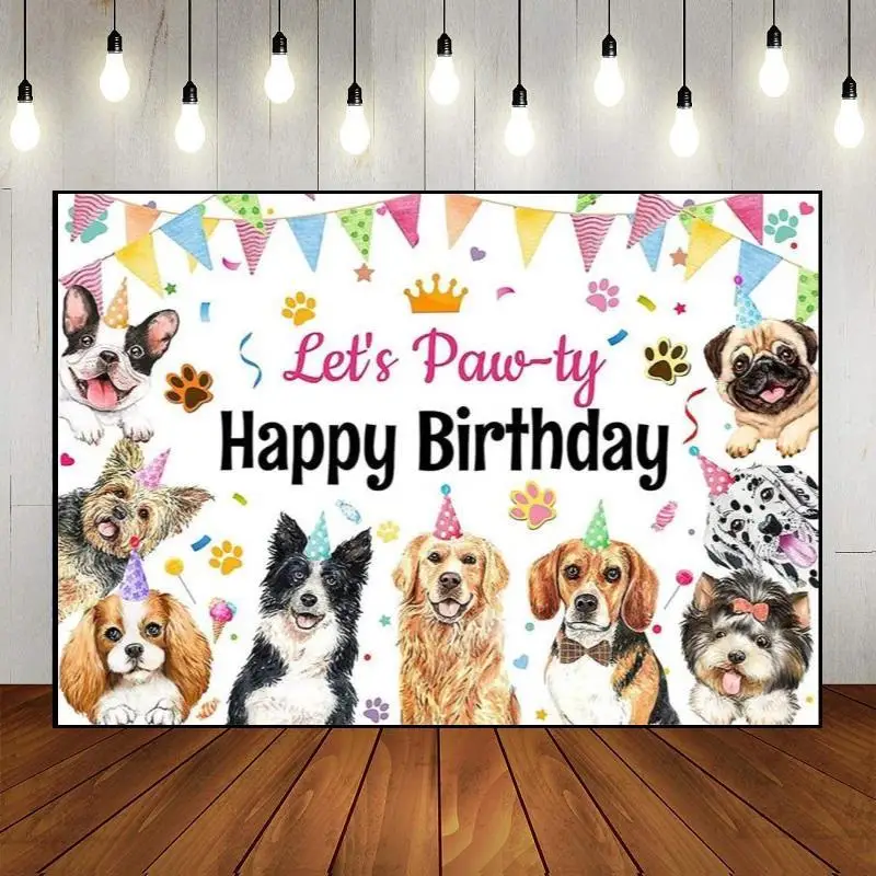 Photo Photography Happy Birthday Pet Backdrop Background Let's Pawty Dog Theme Party Baby Shower Owner Wall Cartoon Decoration