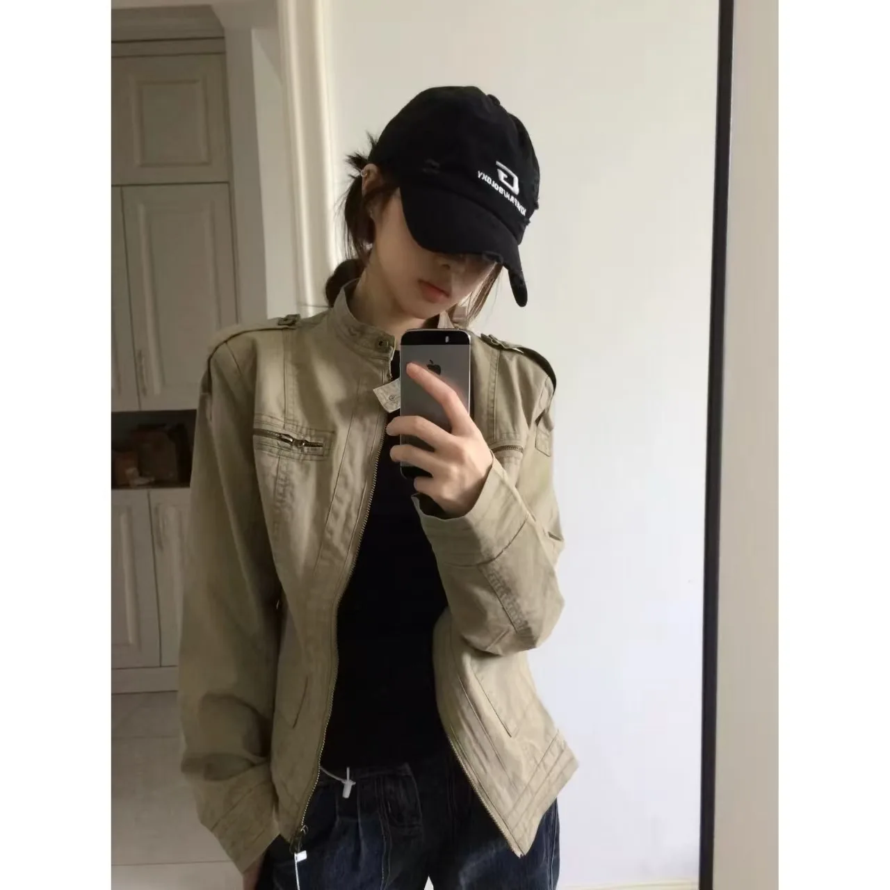 Autumn Women American Retro Long Sleeve Washing Khaki Color Jacket Stand Collar Zipper Up Short Outerwear Black
