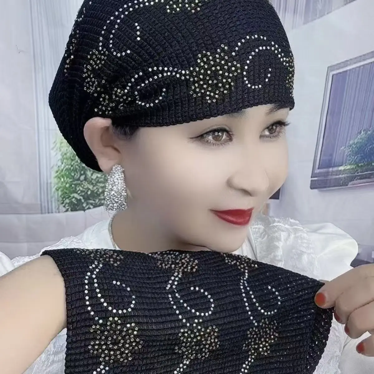 

Wholesale Muslim Hats for Women Hijabs 2pcs Set Hat New High Elastic Bead Diamond Black Grey All-match Hats Party Brand Caps