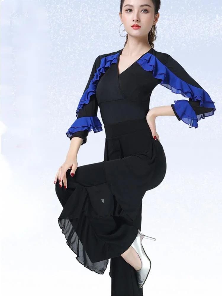 

V Neck Ballroom Dance Standard Tops Waltz 2023 New Woman Latin Mesh Patchwork Women Street Line Suit Ruffle Modern Pants 6XL