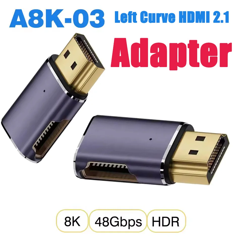 HDMI 2.1 90-degree left angle adapter A8K-03 8K HD 48Gbps for gaming/wall-mounted TVs For PS4 PS5 HDTV Computer Laptop Monitor