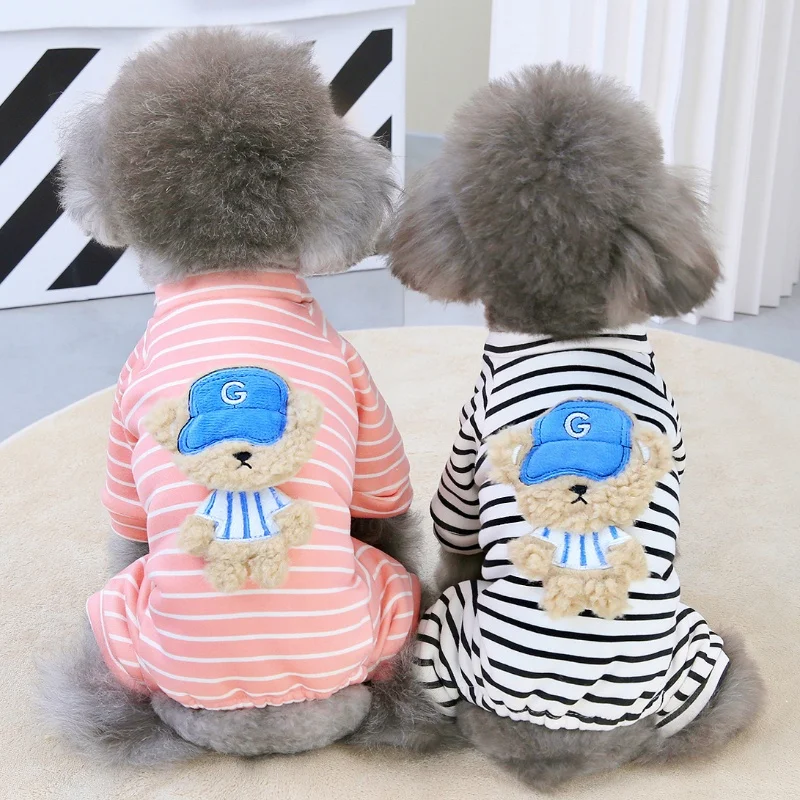 Fashion Striped Dog Jumpsuits Autumn Dog Clothes Bear Print Puppy Pajamas Cute Cat Jumpsuits Pet Overalls Chihuahua Dog Clothes