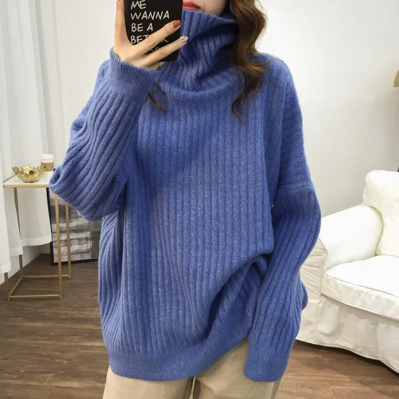 Autumn Winter New Solid Color Fashion Long Sleeve Sweater Women High Street Casual Loose Thicken Pullovers Elegant Warm Tops