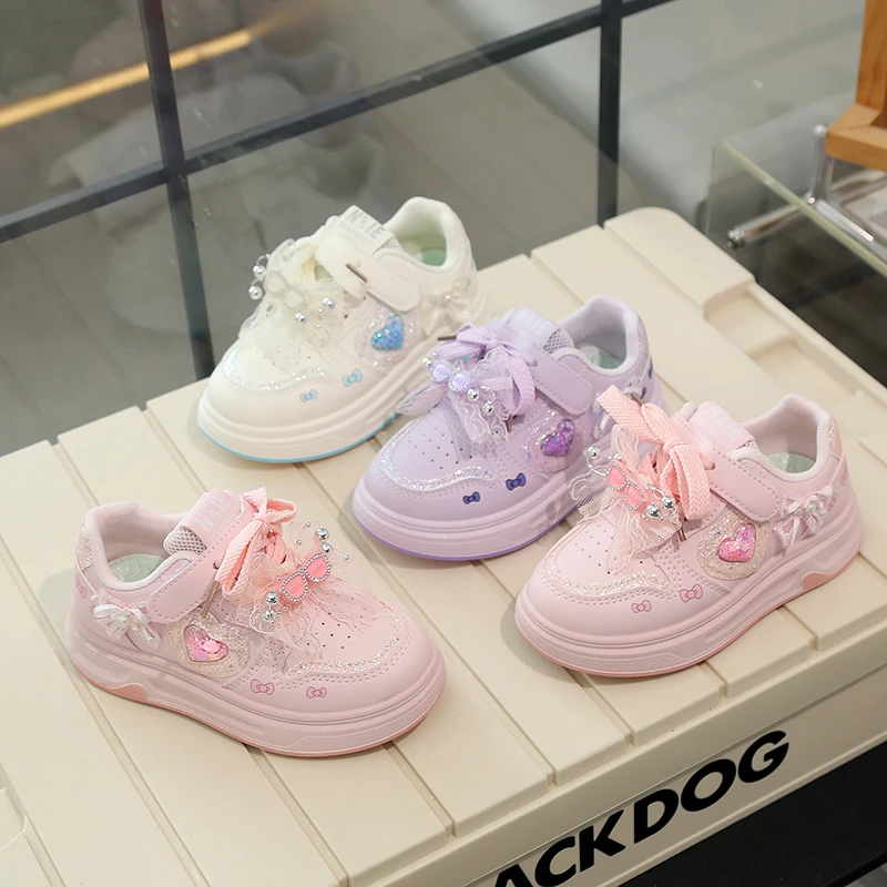 Little Girls Cute Bow Heart Sneakers, Sparkly Glitter Casual Platform Skate Shoes, Adjustable Strap Lightweight Walking Kids