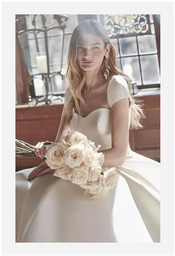 فساتين زفاف مخصصة برقبة مربعة 2025 للنساء رداء de mariée ساتان زي العرائس بأكمام قصيرة Vestido De Noiva #4