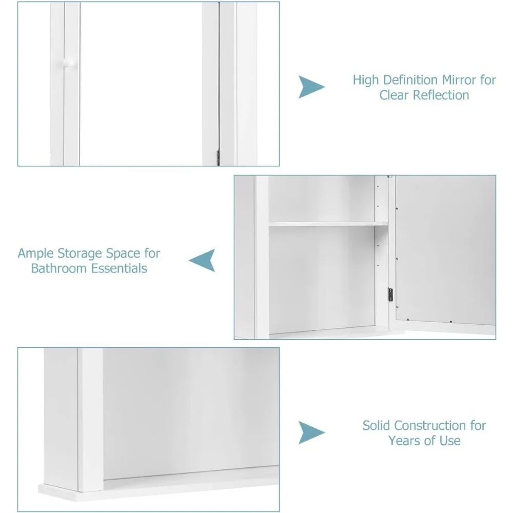 Armário espelhado de parede com armazenamento e prateleira ajustável para banheiro