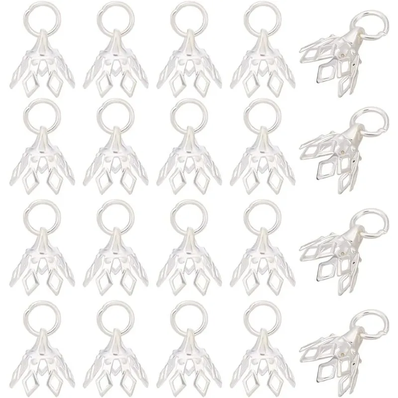 

60pcs Brass Filigree Bead Cap Bails 8x8mm Plated Metal Bell Bead End Charm Cap 7-Petal Floral Silver Filigree Prong Spacer Bead