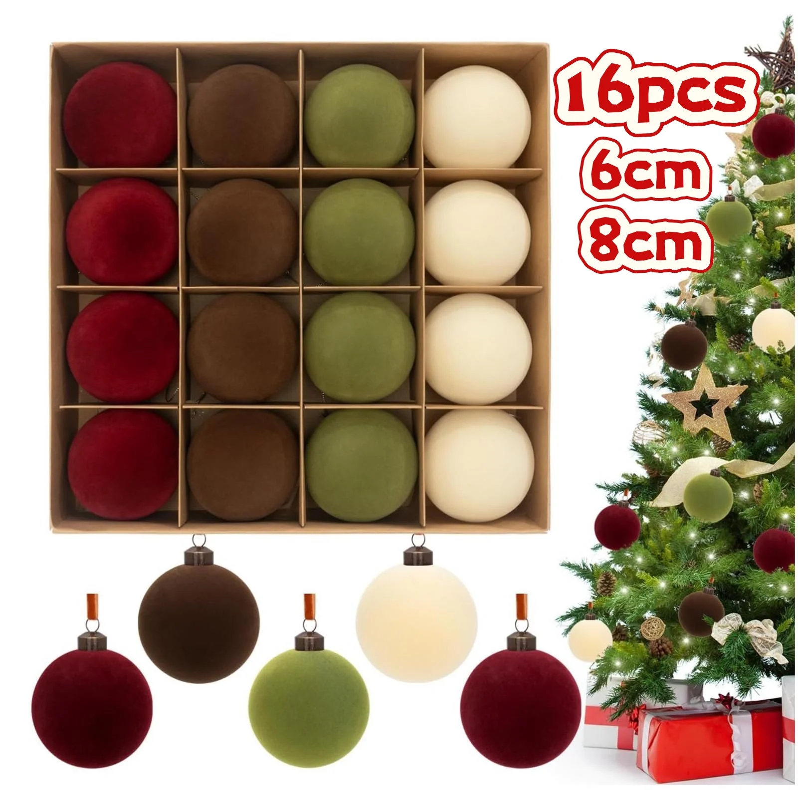 16pcs Multi Colored Flocking Balls,Christmas Tree Hanging Balls,Colorful Christmas Balls,Holiday Decorations Xmas Ball