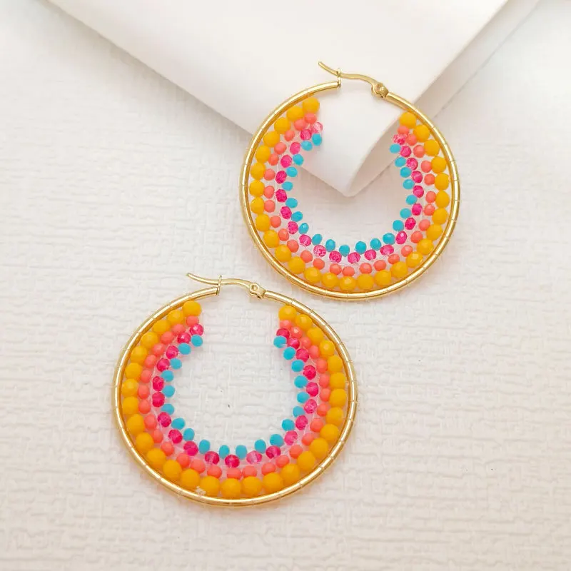 

Rice bead earrings Circle Crystal Originality Hand knitting Bohemia Alloy Fashion Simple Beaded earrings