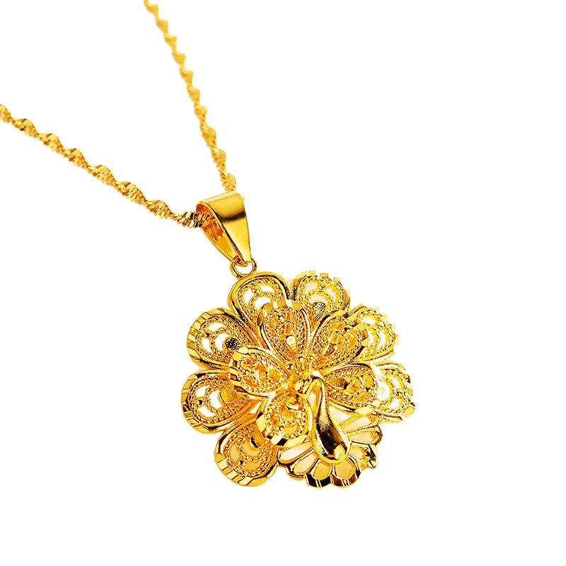 Collier pendentif fleur de paon en or véritable 24 carats, chaîne de clavicule, bijoux en or pur, Noble, AU30/10/2018, 600