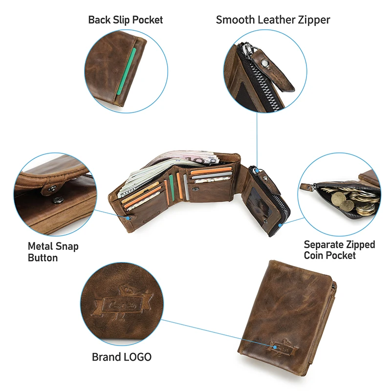 CONTACT'S Genuine Leather Men Wallet Vintage Short Trifold Wallets Luxury Card Holders Coin Purses Travel Business Money Clip