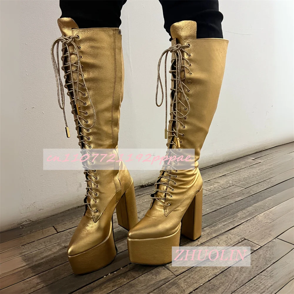 Gold Lace-Up Pointed-Toe Knee-High Boots Women'S Chunky Heel Side Zipper Punk Boots Trendy T-Stage Show Gladiator Boots 46