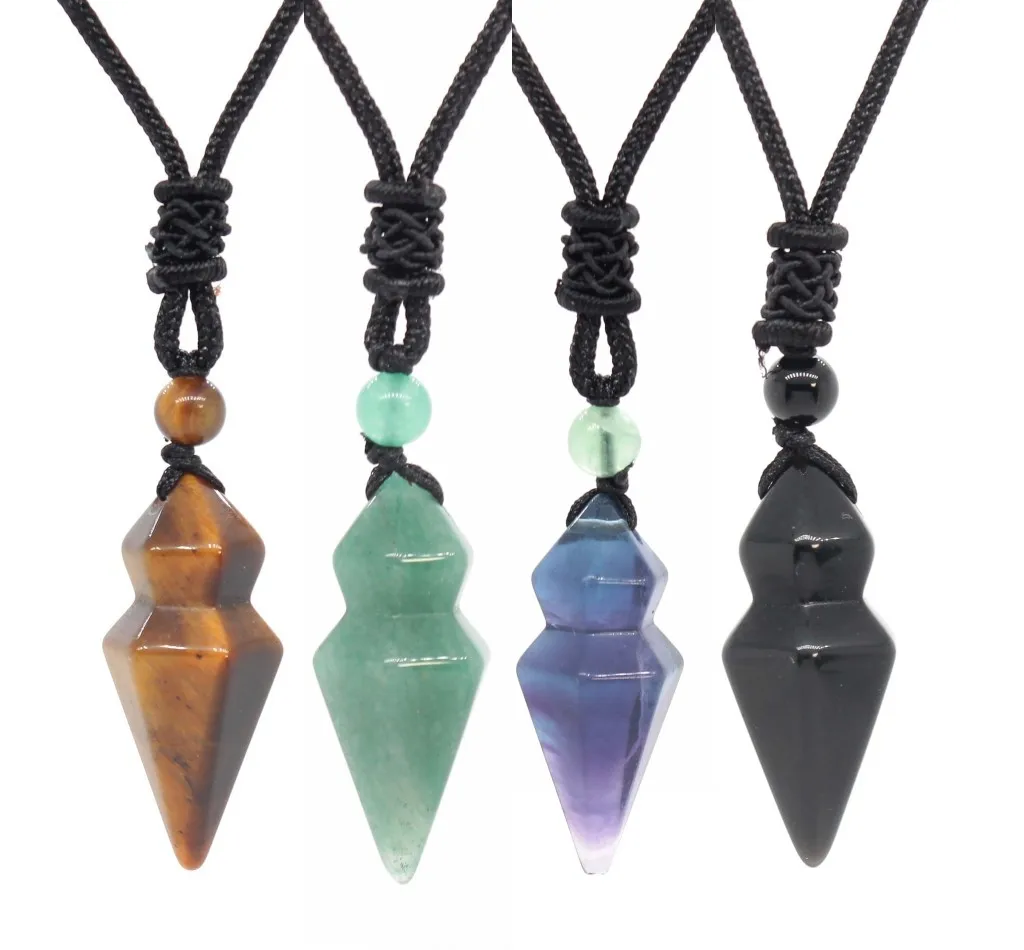Crystal Hexagonal Pyramid Stone Pendant Necklace For Women Natural Amethyst Rose Quartz Labradorite Black Rope Chain Jewelry