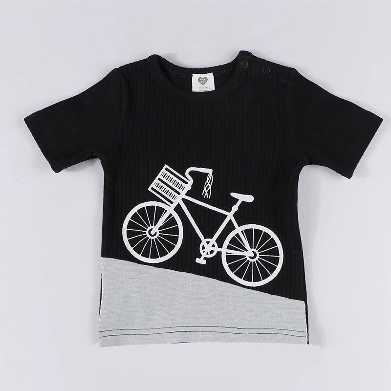 Kids boy and girl tee shirt contrast rib bike top cotton baby boy short and long sleeve t-shirt children summer spring clothes