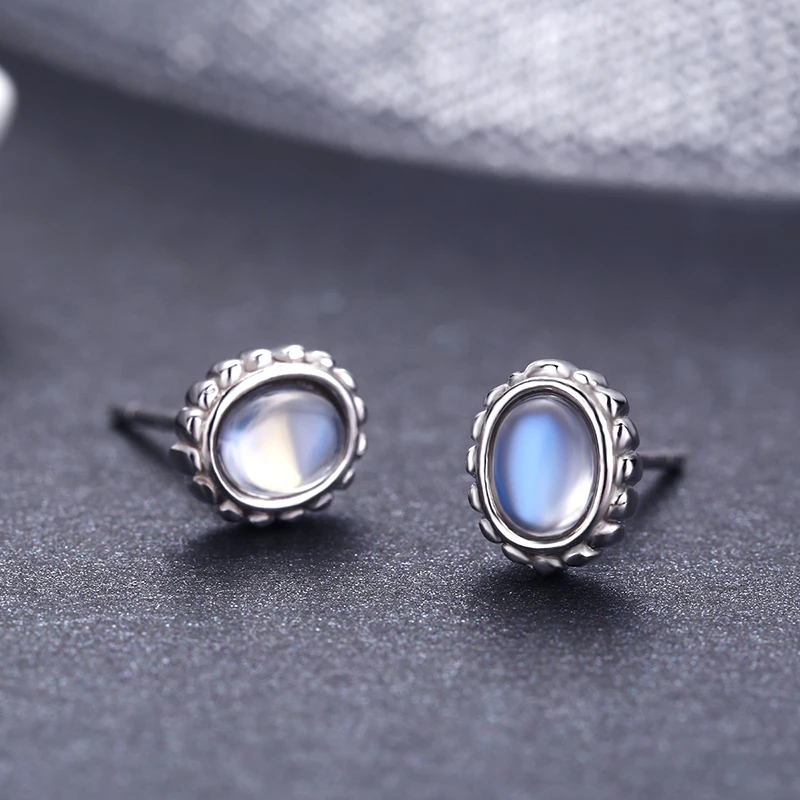 Cute 925 Sterling Silver Oval Round 7A High Clarity Blue Moonstone Stud Earrings For Women Girls Jewelry Orecchini Aros Aretes