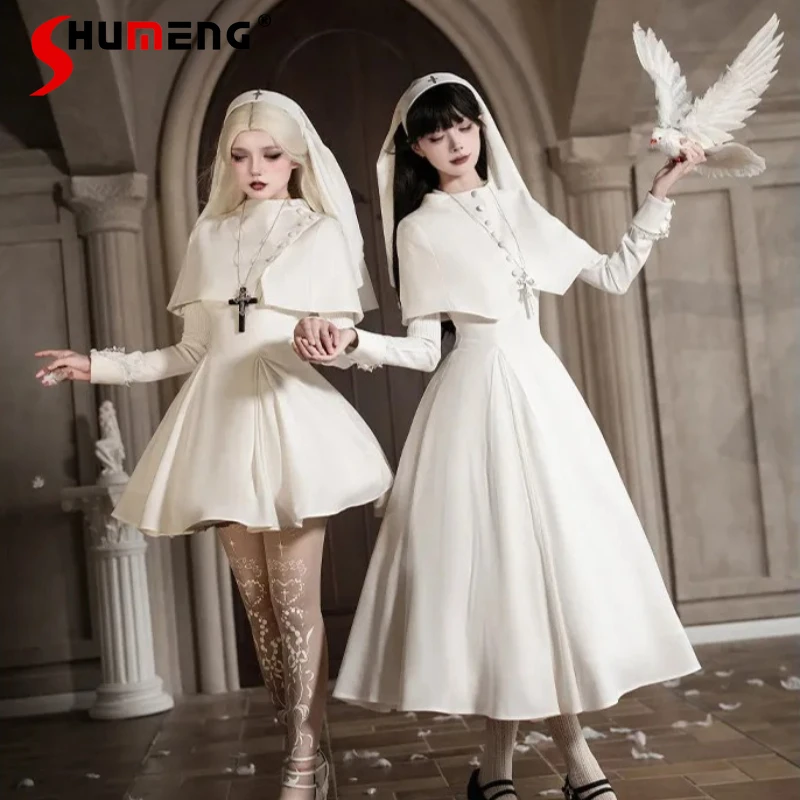 

Japanese Lolita Nun-style Black White Long And Short Hem OP Twin Dress With Attached Sleeves + Bow Hairpin + Necklace Set Female