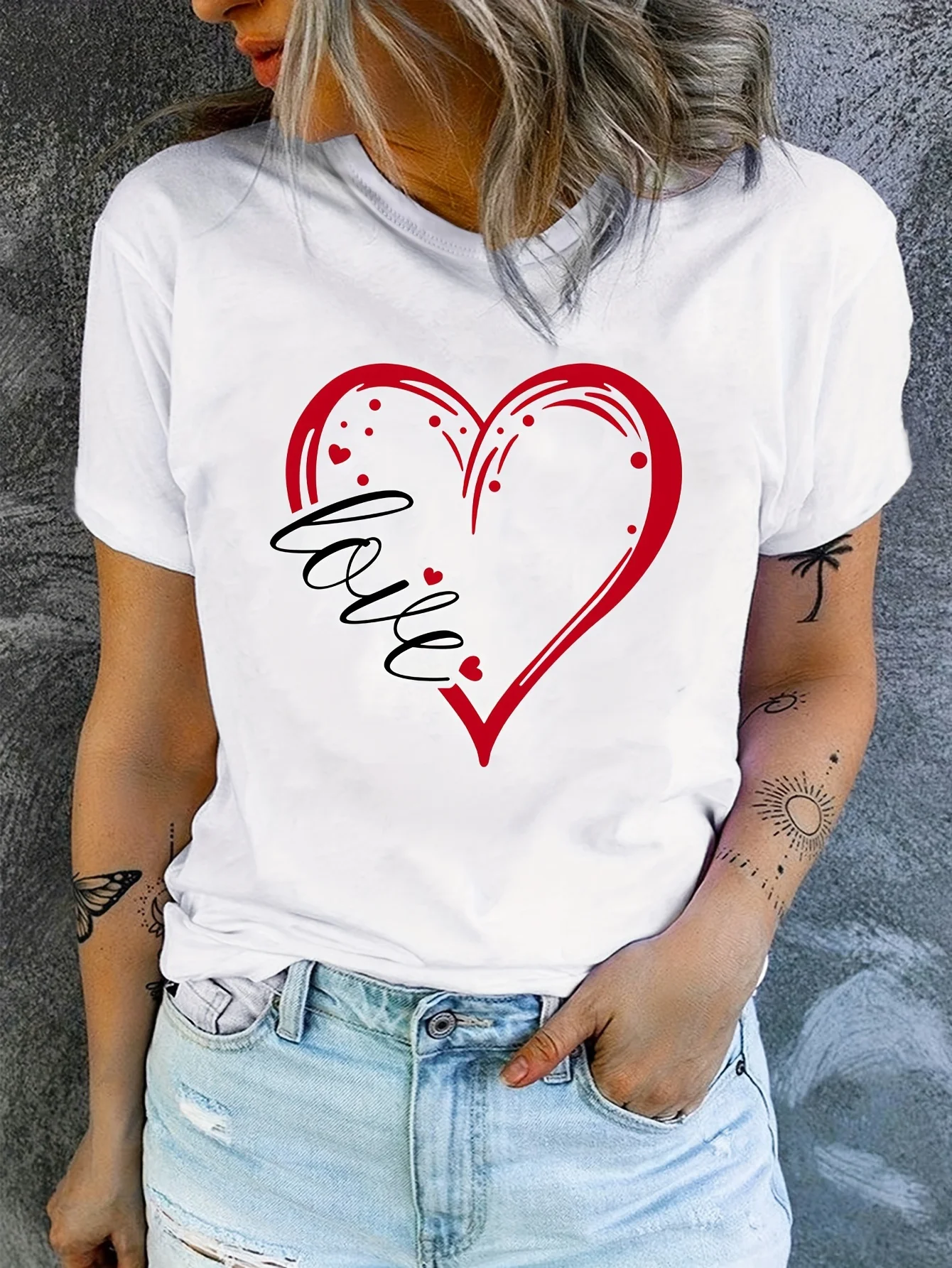 

Women's Pink Heart Love Print T-Shirt Round Neck Short Sleeve Cotton Tee Retro Hip Hop Y2k T-shirt Summer Tops Women Clothing