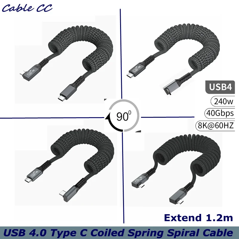 1.2m USB 4.0 Type C Coiled Cable, Bidirectional 40Gbps, 240W PD Charging, 8K@60Hz Video, Left Right to Up Down Angle