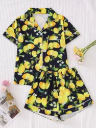 Cute lemon print pajama set for women short sleeve top with roll-down buttons and loose stretch shorts loungewear for women