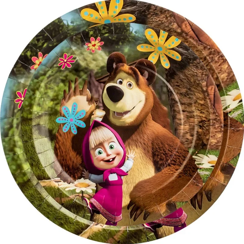 Martha and Bear Theme Disposable Cartoon Cup Plate Flag Pulling Balloon Venue Children's Birthday Party Decoration