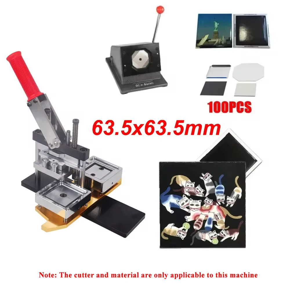 63.5x63.5mm Square Refrigerator Badge Press Machine Rotating Metal Sheetl with Paper Cutter and 100 PCS Magnet Parts