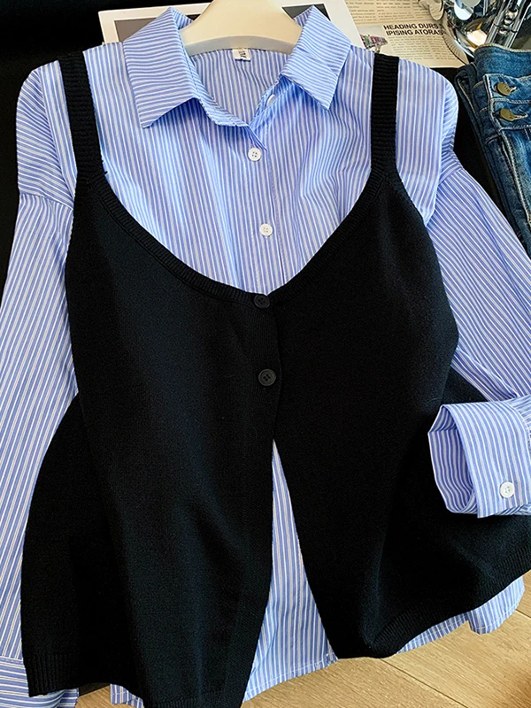 

Женский вязаный комплект из двух предметов: рубашка с длинным рукавом в полоску и жилет. Модный повседневный вариант для весеннего сезона, удобный, из материала, не дающего усадку.