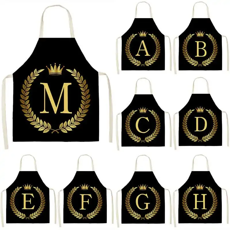 Black Gold Crown Letter Letter Print Kitchen Apron Women Mens Cotton Linen Apron Cooking Home Cleaning Bib