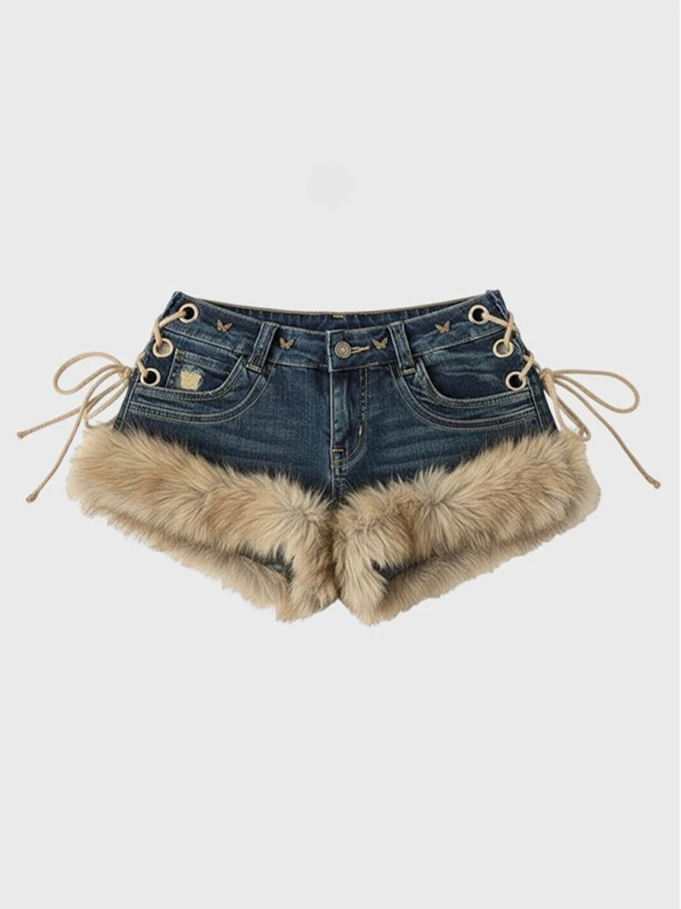 

HOUZHOU Y2k Sexy Denim Shorts Women Vintage Fluffy Splicing Spicy Girl Shorts Kpop Harajuku Punk Low Rise Grunge Jean Shorts