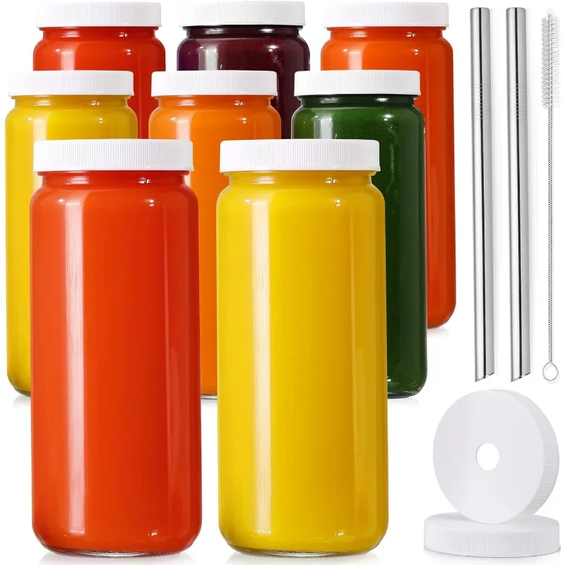 [ 8 Pack ] Glass Juicing Bottles with 2 Straws & 2 Lids w Hole- 16 OZ Travel Drinking Jars, Water Cups for Juice, Bubble Tea