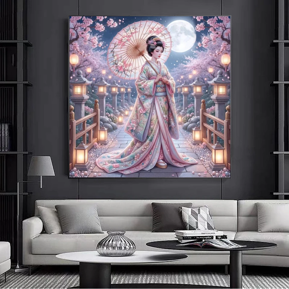 5D Diamond Mosaic Sale Japanese Women Diy Diamond Painting Full Drill Square Portrait Rhinestones Sakura Moon Landscape Pictures