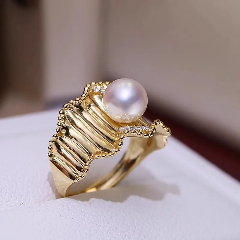 

MeiBaPJ 8mm Natural Nearround Pearl Fashion Golden Ring DIY 925 Silver Holder Setting Fine Wedding Jewelry for Women