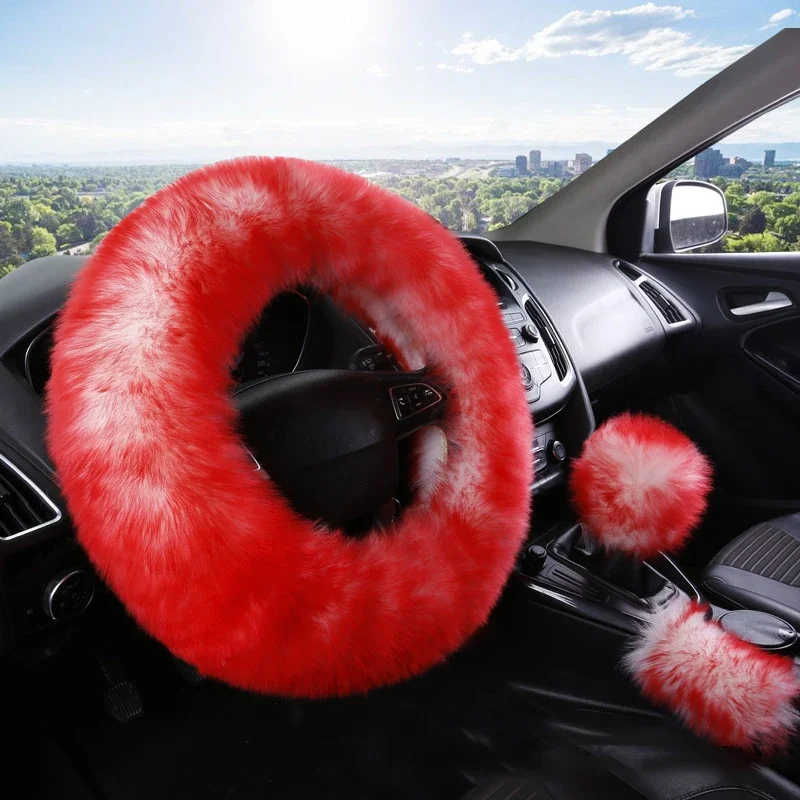 3PCS Set Real Wool Fur Soft Steering Wheel Covers Furry Long Hair Womens Winter Fashion Handle Cover Car Decoration Accessories