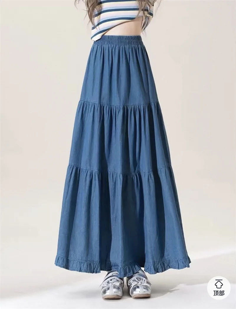 Women's Half Body Skirt Fashion Street Spring Summer Ruffled Denim Skirts High-waist Retro A-line Long Skirt