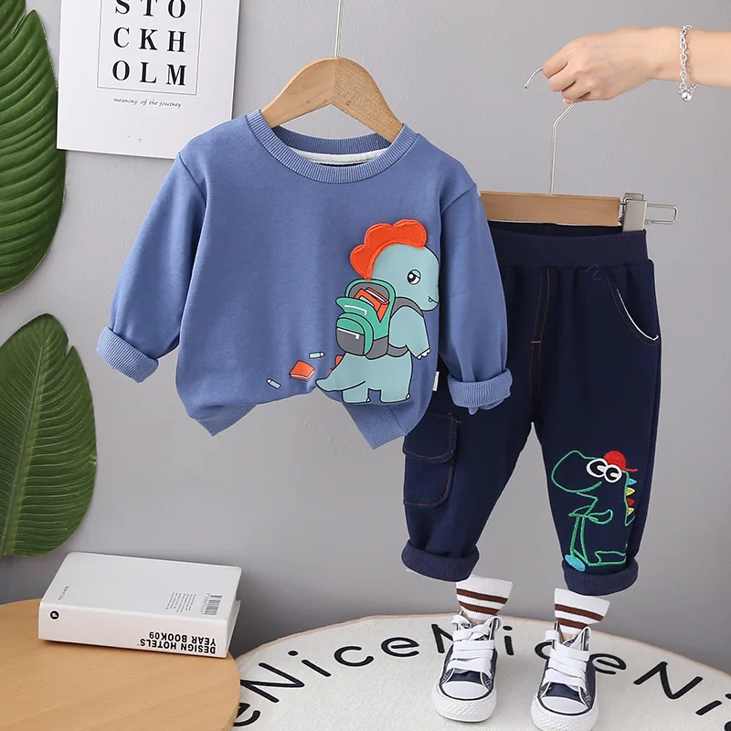 

2023 Autumn Designer Baby Girl and Boy Clothes 1 To 2 Years Cartoon Dinosaur Pullover Long Sleeve T-shirts Pants Kids Outfit Set