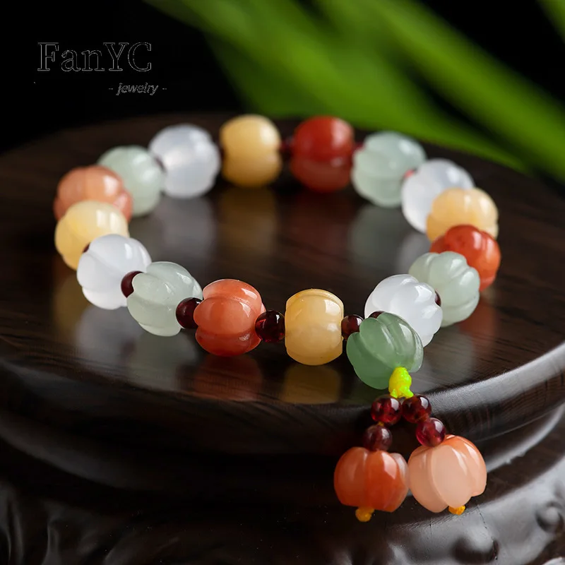 

Natural Chinese Gold Silk Jade Colorful Pumpkin Bracelet Hand-carved Topaz Original Personality Male and Female Bead String