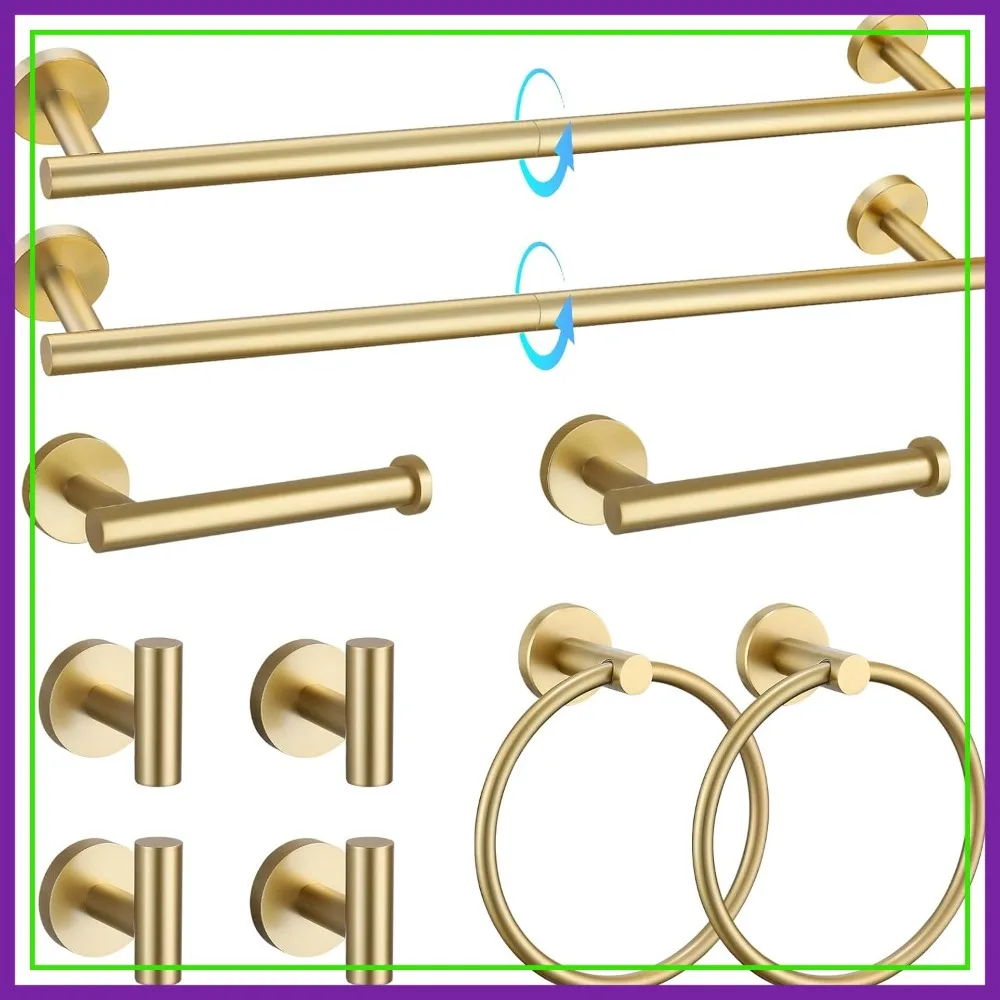 

10-Piece Brushed Gold Bathroom Hardware Set, SUS304 Stainless Steel Towel Bar Holder with 23.6 Inch Round Racks, Wall Mounted