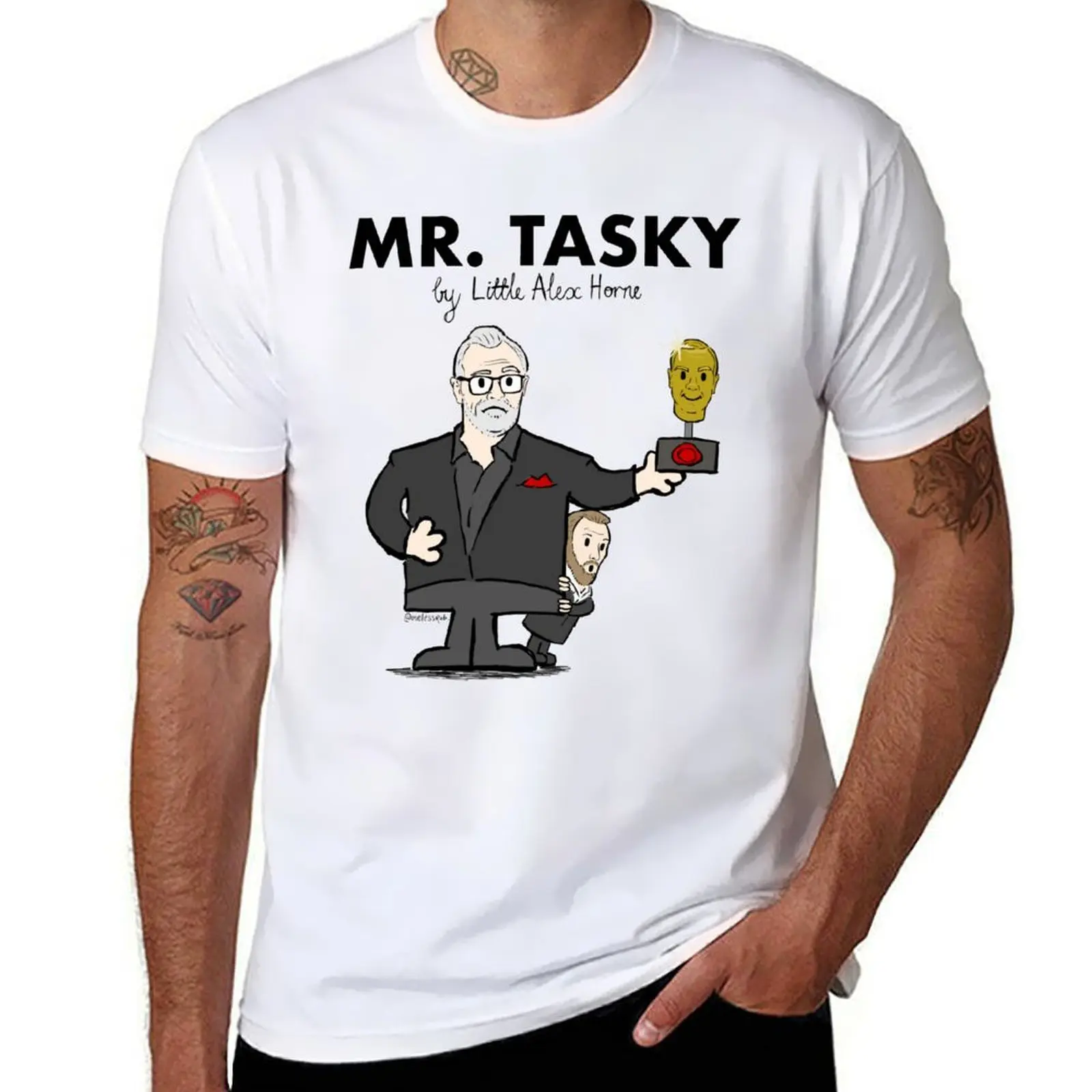 Taskmaster - Mr Tasky (Hand drawn Taskmaster UK & Mr Men mashup - Greg Davies & Little Alex Horne) T-Shirt