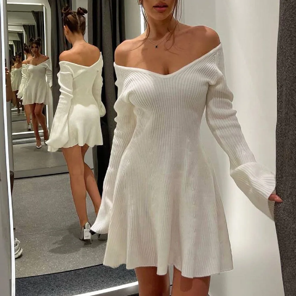 

Women's Knitted Mini Dress, Off Shoulder V-Neck High Waist Long Sleeve Dress, Sexy White Sweater Dress Robe