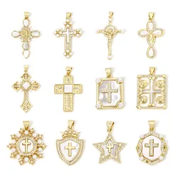 1pc Religious Brass Charms Gold Color Natural Shell Cross Micro Pave Clear Cubic Zirconia Pendant DIY Necklace For Women Jewelry