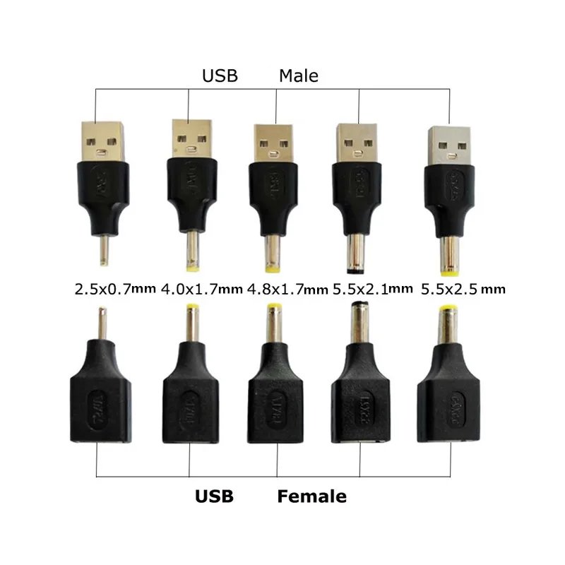 USB female/USB male to DC 5.5*2.5 5.5x2.1 4.8x1.7 4.0*1.7 5.5*1.7 2.5*0.7 3.0*1.1 3.5x1.35mm Power supply Plug Adapter Connector