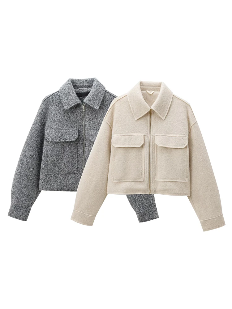 

2024 autumn new fashion women's casual versatile lapel long-sleeved patch pocket pearl leather short jacket coat