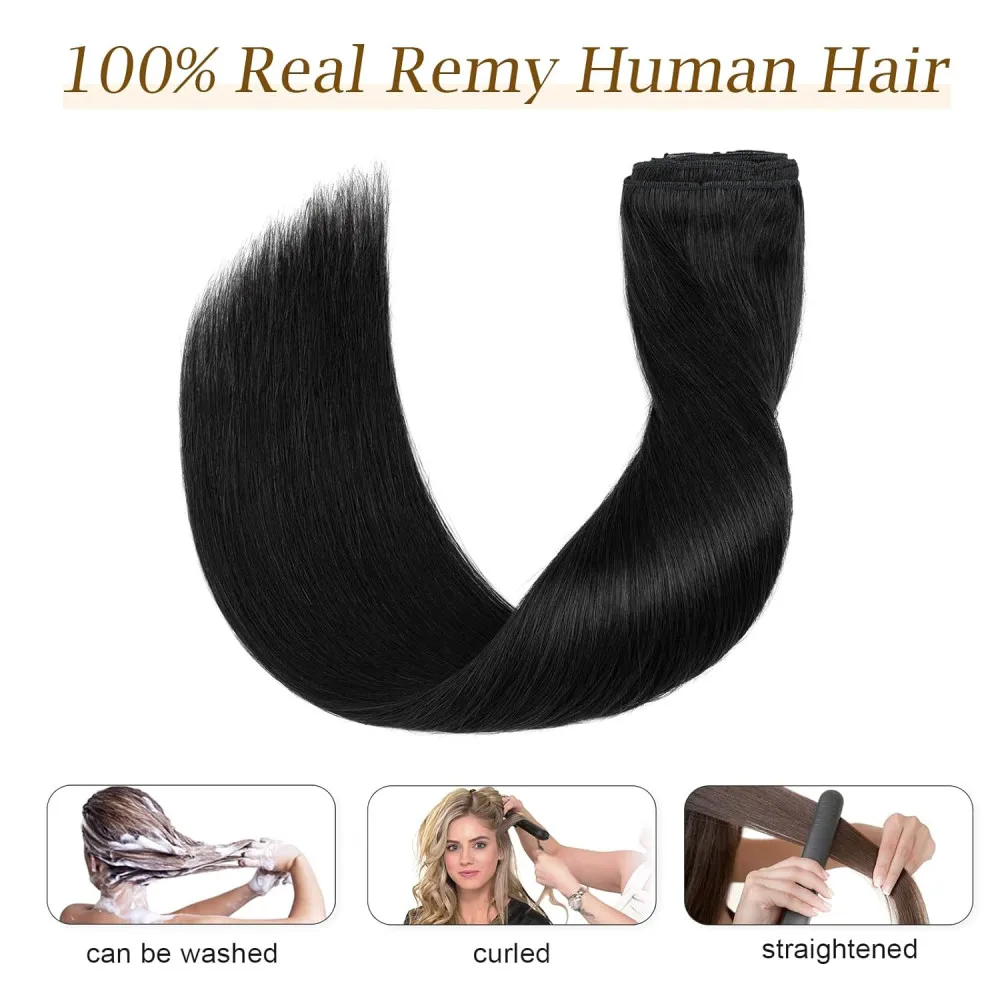 Klip mulus dalam ekstensi rambut lurus Brasil Virgin 100% ekstensi rambut manusia asli 16-26 inci warna hitam alami 8 buah